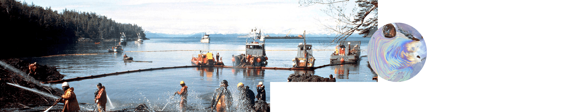 Cleanup crews caring for oil spill in water.
